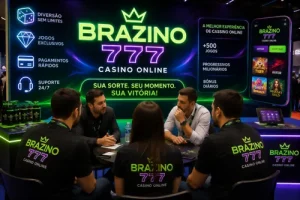 Equipe da Brazino 777 em estande promocional de cassino online